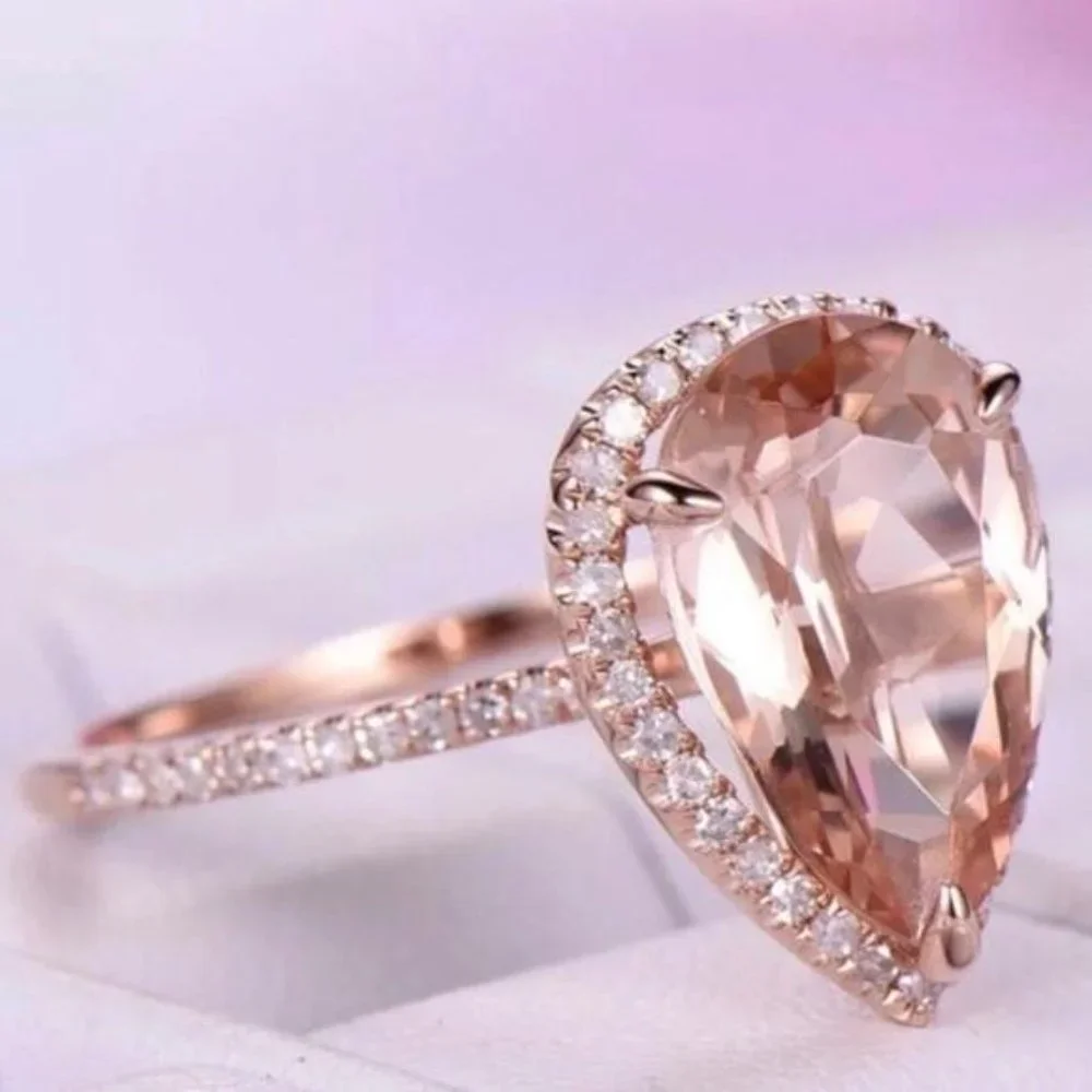 🍀NEW 6 CARAT ROSE GOLD‎ MORGANITE HALO RING